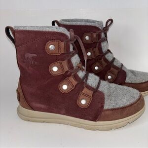 SOREL Explorer Joan Boots Women's 8.5 Wine Suede Waterproof Faux Fur Gray